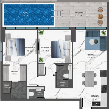 2 Bedroom with pool